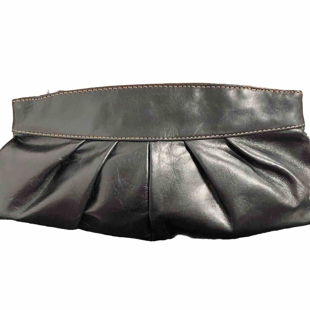 Vintage Y2K Fossil Black Leather Clutch Purse Metal Frame Satin Lining Topstitch